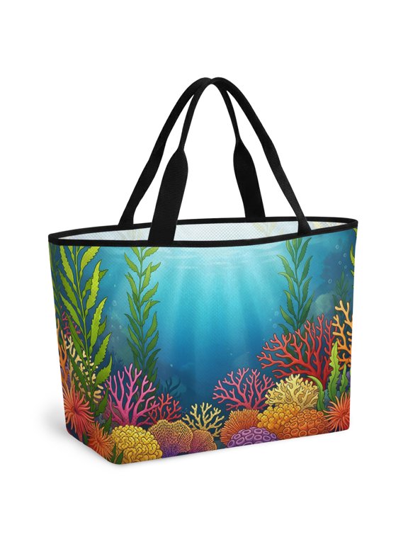 Sea Underwater World Beach Bag for Women, Large Breathable Mesh Beach Tote Bag, Coastal Colorful Coral Seaweed Sandproof Lightweight Travel Bags for Vacation Picnic Swimming Pool 15.7"x15.7"x9.1"