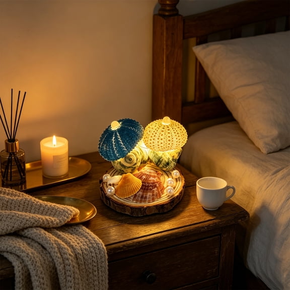 Sea Urchin Shell Night Lamp,Ocean-inspired Sea Urchin Lamp Warm White LED Desktop Light Mushroom Lamp With Wooden Natural Timber Round Base for Bedrooms, Shelves and Gifting
