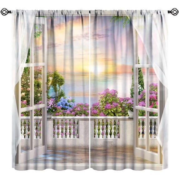 Sea View Curtains, Summer Ocean Sunrise Blackout Curtains Tropical Blooming Garden Seaside Scenery Print Window Drapes for Living Room Bedroom Cafe 84x84in