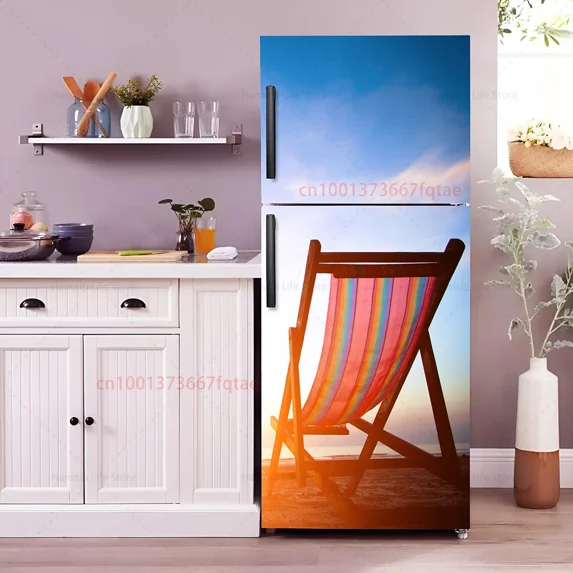 Sea View Scenery Fridge Door Wrap Mural Cover Beach Chair Wall Art Kitchen Wallpaper for Refrigerator Cabinet Door Decals