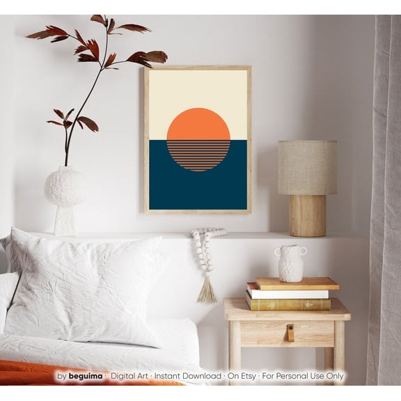 Sea Wall Art Sunset Print Orange Sun Geometric Abstract Stretched Canvas 8x10in