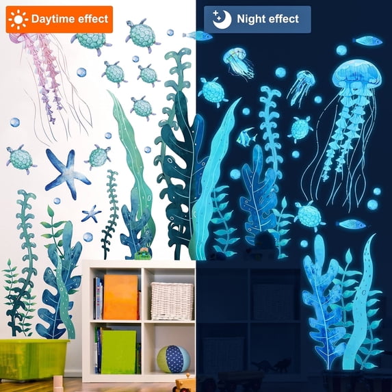 Glow in The Dark Ocean Wall Decals Sea Turtle Seaweed Jellyfish Under The Sea Wall Stickers for Bedroom Nursery