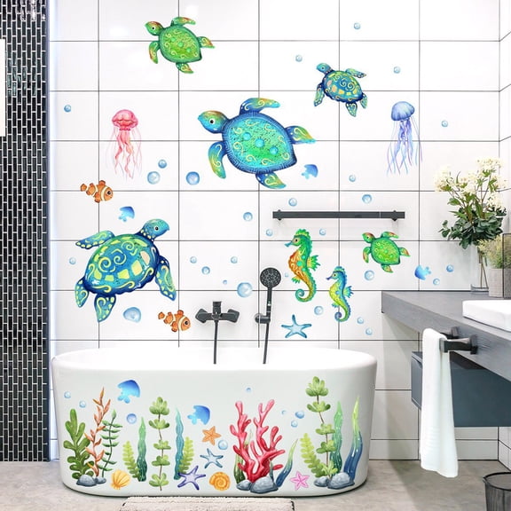 Under The Sea Wall Stickers Fish Ocean World decals, fish stickers, turtle wall stickers,seaweed wall stickers Transparent decal Peel and Stick Wall Art Decals for Baby Nursery Kids Bedroom Bathroom