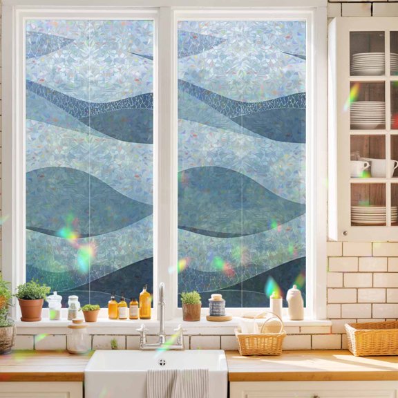 Sea Water Ripple Stripe Gradient Window Privacy Film,Decorative Windows Static Cling Abstract Beach Ocean Waves Heat Control Removable Glass Sticker for Home Bathroom Bedroom Window Door,17.7x39.3in