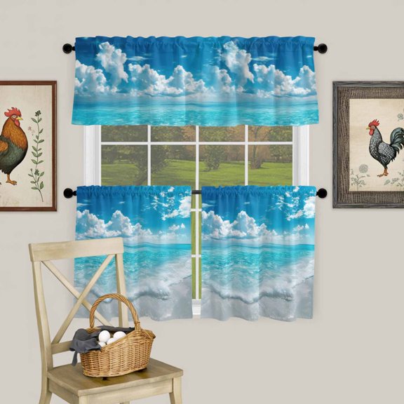 Sea Wave Blue Sky White Clouds Curtain Tier and Valance Set 3 Piece, Summer Beach Theme 3-inch Rod Pocket Window Tier Curtains Valance for Kitchen Living Room