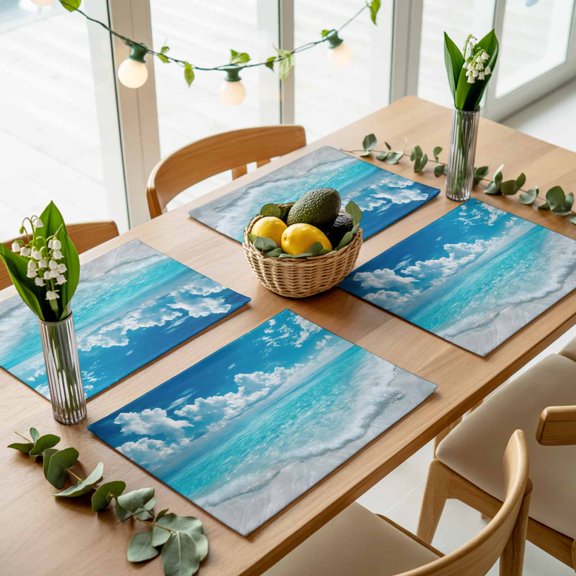 Sea Wave Blue Sky White Clouds Placemats Set of 4,Wipeable Washable Table Mats for Dining Tables, Summer Beach Theme Place Mats for Kitchen Event Party Tabletop Decor