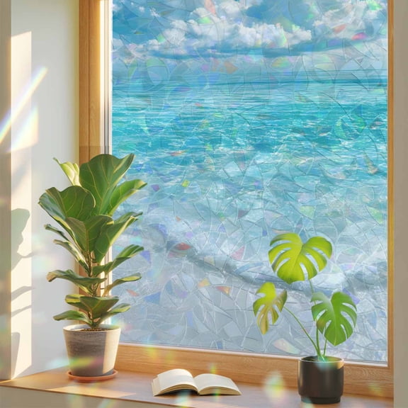 Sea Wave Blue Sky White Clouds Window Privacy Film, Rainbow Film Decorative Window Sticker 17.7x39.3in, Summer Beach Theme Sun Blocking Static Stained Glass Cling Tint Non-Adhesive