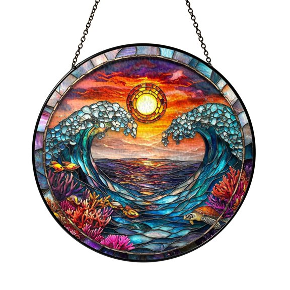 Sea Wave Faux Stained Glass Window Decor, Nautical Suncatcher Hanging Inspired by Ocean Motion