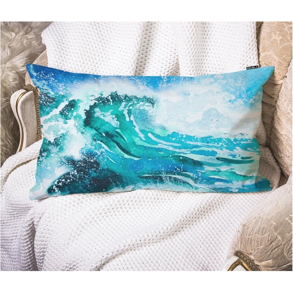 Sea Wave Lumber Pillow Cases Watercolor Painting Ocean Storm Landscape Linen Lumber Decorative Throw Cushion Cover Pillowcases for Bed Sofa Oblong Rectangle 12x20 Inches