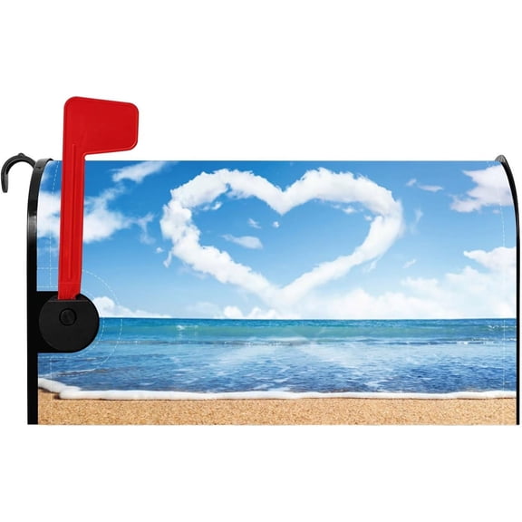 Sea Wave Mailbox Cover Magnetic Blue Sky White Clouds Sea Water Sandbeach Mailbox Cover Heart Pattern Mailwraps Standard Size 21x18 Inch Tropical Sea Hawaii Ocean Mailbox Cover for Outdoor