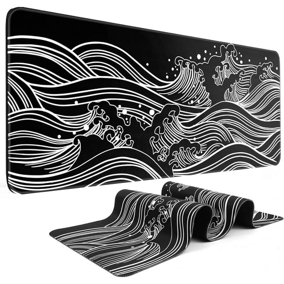 Sea Wave Mouse Pad Large Desk Pad 31.5 x 11.8in Black and White Mouse Pad Gaming with Stitching Edges, Non-Slip Rubber Base Large Mouse Mat Gaming Keyboard Pad