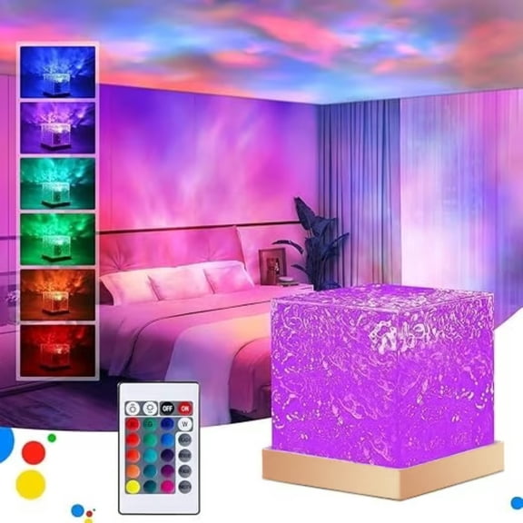Sea Wave Projector Light, 16 Colors Gradual Rotating Water Lamp with Remote Control, Aurora Glow Lamp, 3D Tesseract Night Light for Bedroom Home Bar Party Christmas Decor