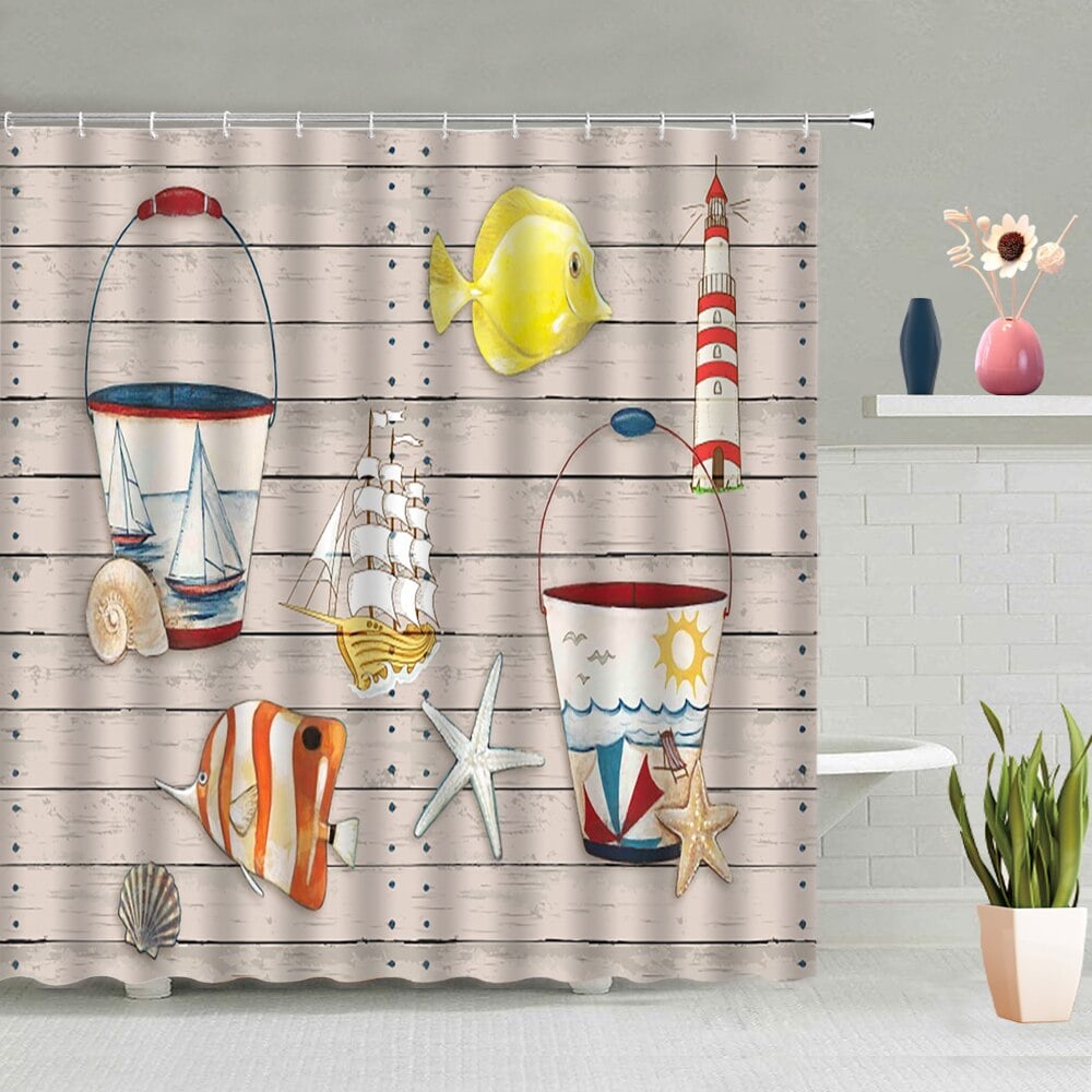 Sea Wave Shower Curtain Ship Anchor Helmsman Fish Starfish Octopus