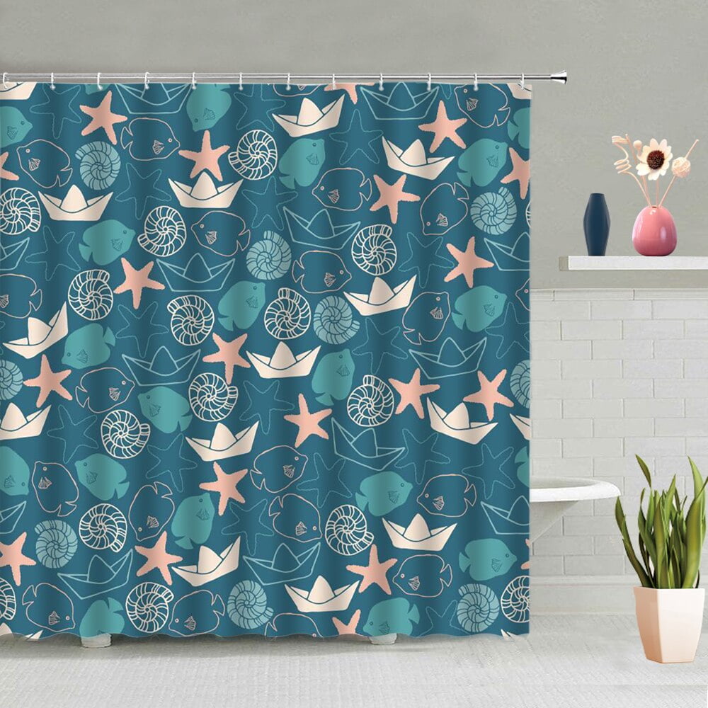 Sea Wave Shower Curtain Ship Anchor Helmsman Fish Starfish Octopus