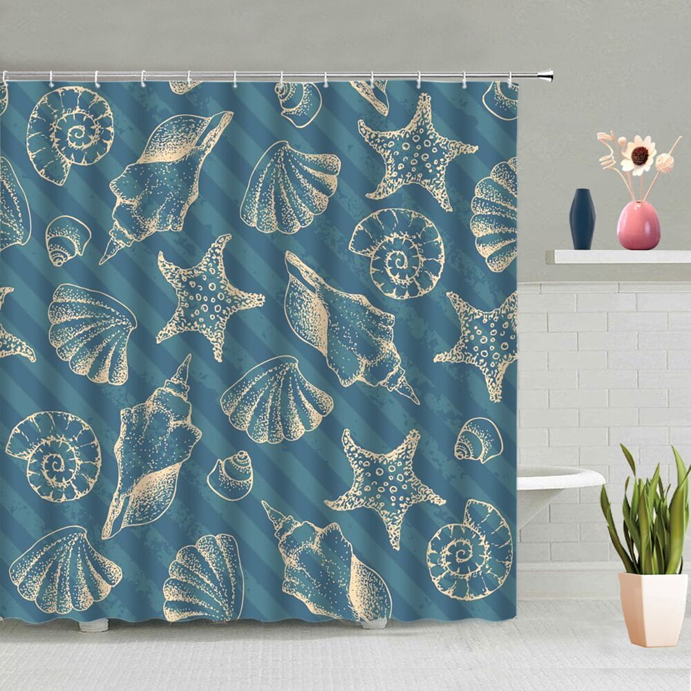 Sea Wave Shower Curtain Ship Anchor Helmsman Fish Starfish Octopus