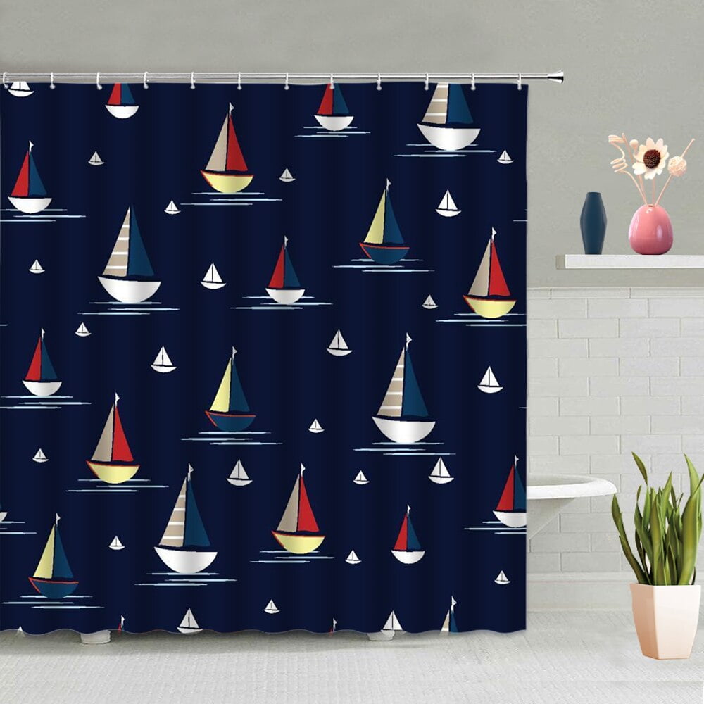 Sea Wave Shower Curtain Ship Anchor Helmsman Fish Starfish Octopus