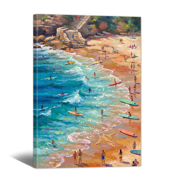 Sea Wave Surfing Canvas Wall Art Blue Ocean and Surfers Picture Print, Summer Coastal Scene Artwork Overlook Paintings for Living Room Bedroom Home Office Decor