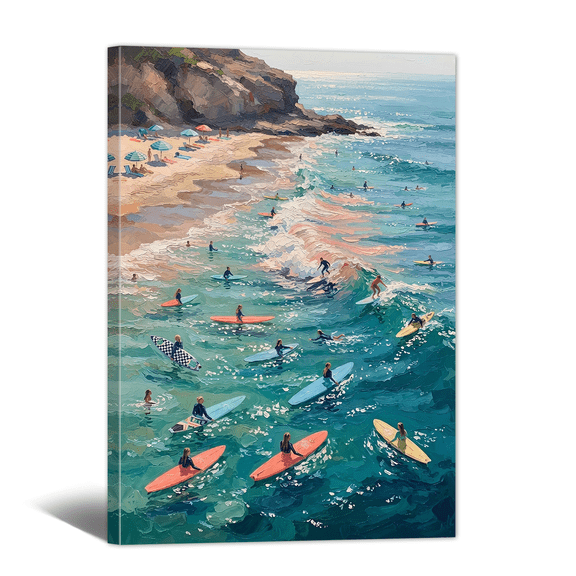Sea Wave Surfing Canvas Wall Art Blue Ocean and Surfers Picture Print, Summer Coastal Scene Artwork Overlook Paintings for Living Room Bedroom Home Office Decor