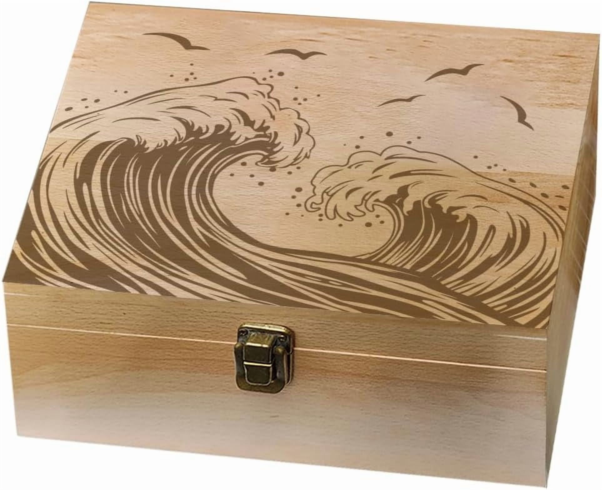 Sea Wave Theme Wooden Memory Keepsake Box Metal Knot Box with Hinged Lid and Lock Decorative Storage Box Stash Box for Photo Letter Souvenir Jewelry 7.6x9.6x4inch(19.5x24.5x10.3cm) for DIY
