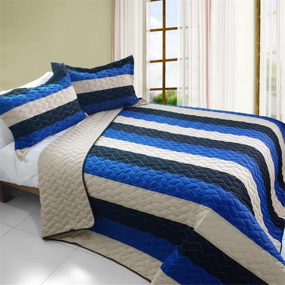 Sea Waves - 3 Pieces Vermicelli-Quilted Patchwork Quilt Set Full & Queen Size - Blue