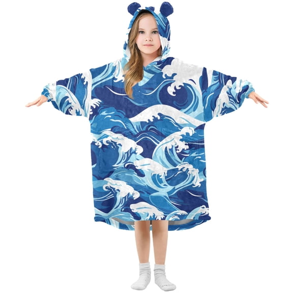 Sea Waves Cartoon Flannel Wearable Blankets Hooded Design Long Sleeves Wrap Unisex for 3T-14Y S