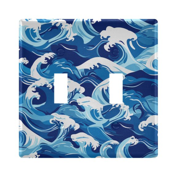 Sea Waves Cartoon Light Switch Cover Electrical Outlet Cover Replaceable Wall Plates 2-Gang