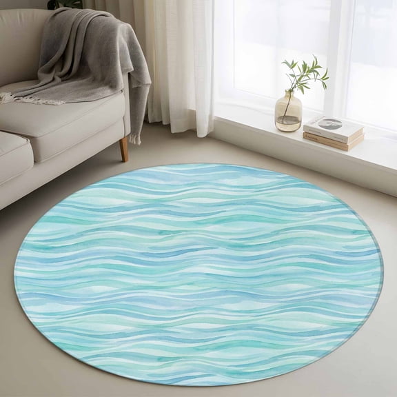 Sea Waves Round Area Rug 3Ft Washable Small Circle Rugs for Kitchen Entryway, Summer Nautical Coastal Waves Watercolor Green Non-Slip Carpet Floor Mats Indoor Outdoor Carpet Runner Home Decor