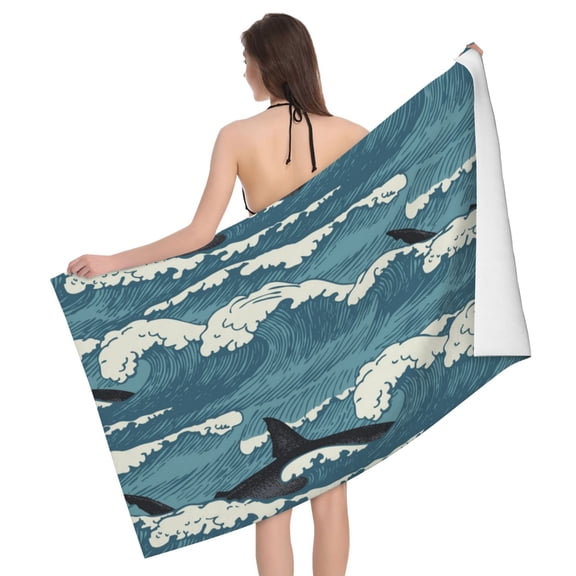 Sea Waves Shark Vintage Beach Bath Towel Gym Spa Shower Towels Pool Soft 32" X 52" for Men Women