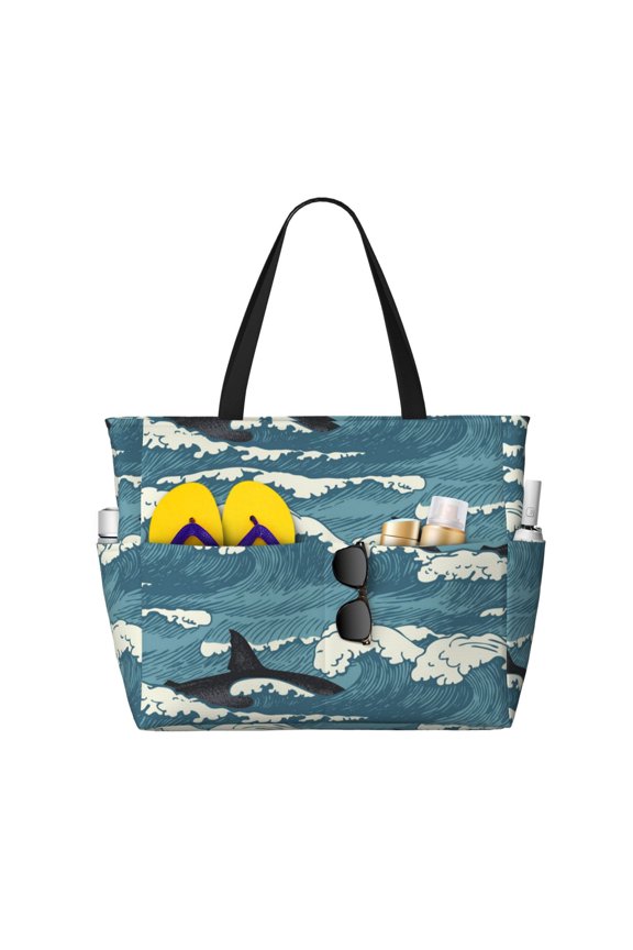 Sea Waves Shark Vintage Large Capacity Beach Travel Tote Bag Shoulder Handbag for Gym Camping Shopping