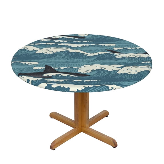 Sea Waves Shark Vintage Round Fitted Tablecloth Elastic Edged Table Cloth Waterproof Table Cover 48in
