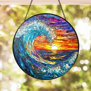 Sea Waves Stained Glass Suncatcher, Sunset On The Beach Window Hanging,Ocean Waves At Sunrise Suncatcher,Gift For Beach Lovers,Natural Gifts, 3.5 in