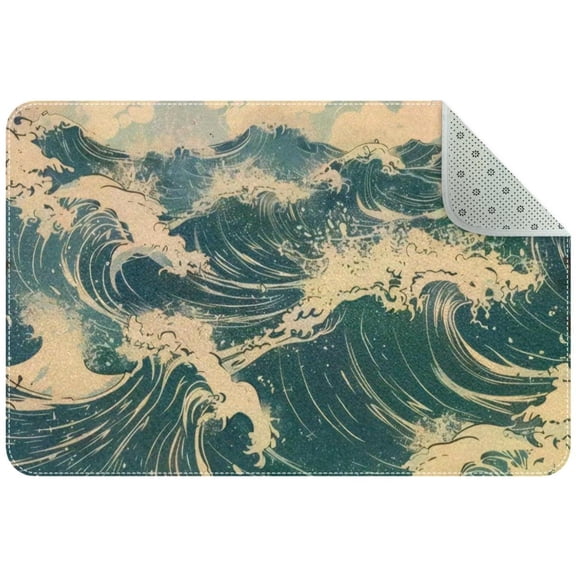 Sea Waves Vintage Style Small Area Rug, Non-Slip Door Mat Indoor Floor Mat, Washable Kitchen Rug Entrance DMat for Bedroom Living Room