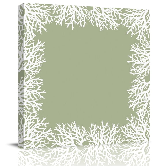 Sea White Coral on Light Green Background Canvas Artwork Painting Art, Marine Life Square Framed Wall Decorations Prints Picture for Bedroom Kitchen Living Room, 8x8 in
