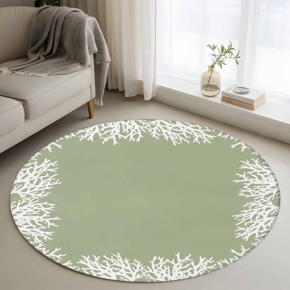 Sea White Coral Round Area Rugs 3 ft, Marine Turquoise Background Modern Art Washable Small Area Rug with Non-Slip Sturdy Edge Binding Round Front Door Mat Floor Carpet for Entryway