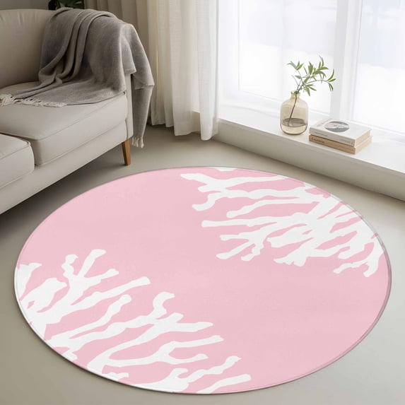 Sea White Coral Round Living Room Rugs 3.3 ft, Marine Pink Background Modern Art Washable Area Rug with Non-Slip Sturdy Edge Binding Round Front Door Mat Floor Carpet for Entryway