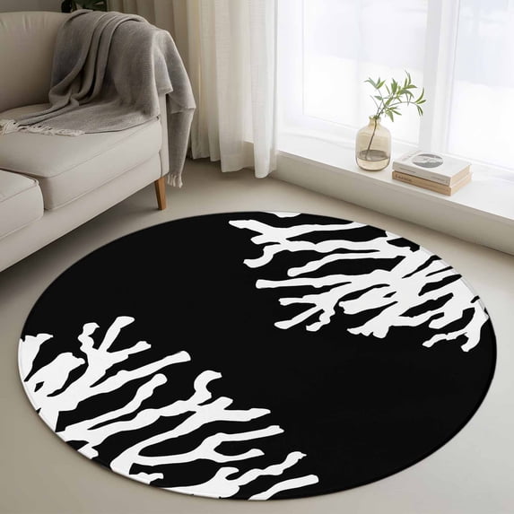 Sea White Coral Round Living Room Rugs 4 ft, Marine Black Background Modern Art Washable Area Rug with Non-Slip Sturdy Edge Binding Round Carpet for Entryway Kitchen Bedroom Bathroom