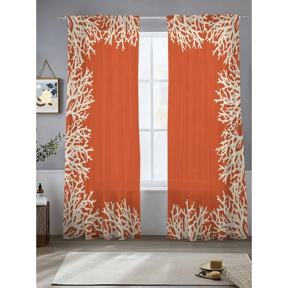 Sea White Coral Sheer Curtains 84 Inches Long 2 Panels Marine Orange Background Modern Art Light Filtering Semi Sheer Window Curtains Drapes for Bedroom Living Room 52"x84"