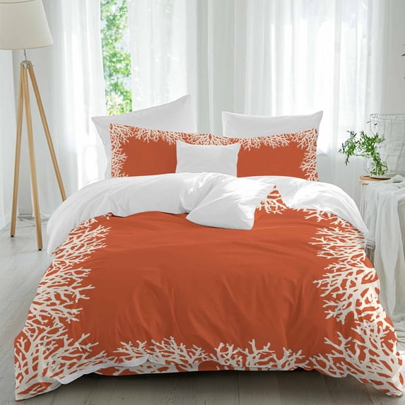 Sea White Coral Twin Size Comforter Set, Marine Orange Background Modern Art Bedding for All Seasons, 4 Pcs Bed Set, 1 Quiltcover (68"x86") ,1Sheet(67"x116"), 2Pillowcases (30"x20")