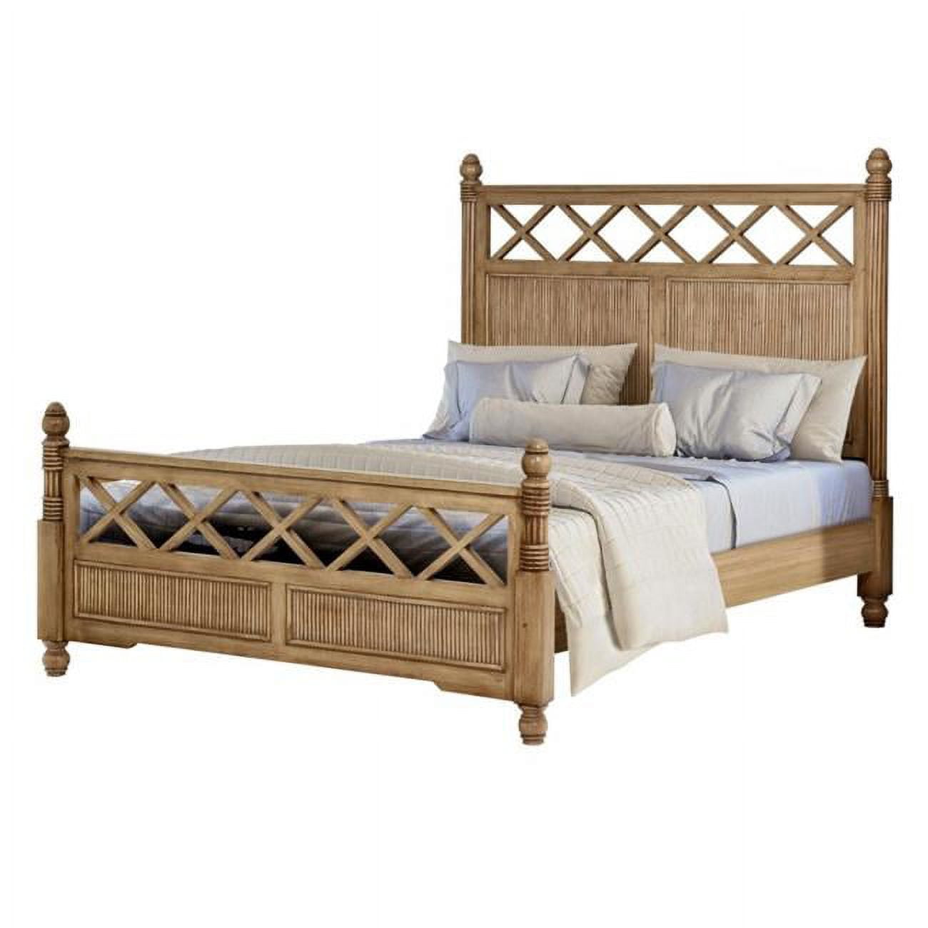 Malibu Natural Brown King Wood Panel Bed with Wicker Headboard