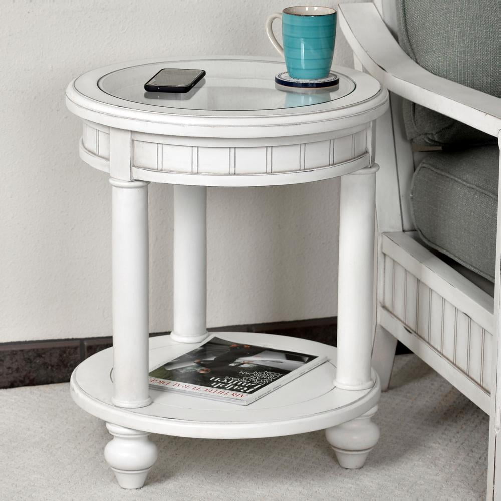 Monaco White Distressed Wood and Glass Round End Table