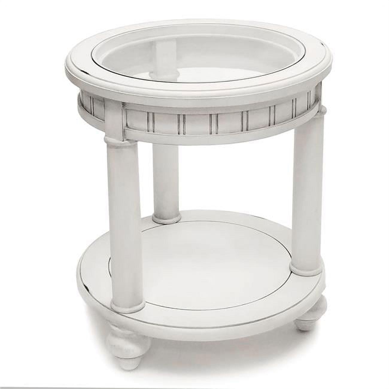 Monaco White Distressed Wood and Glass Round End Table