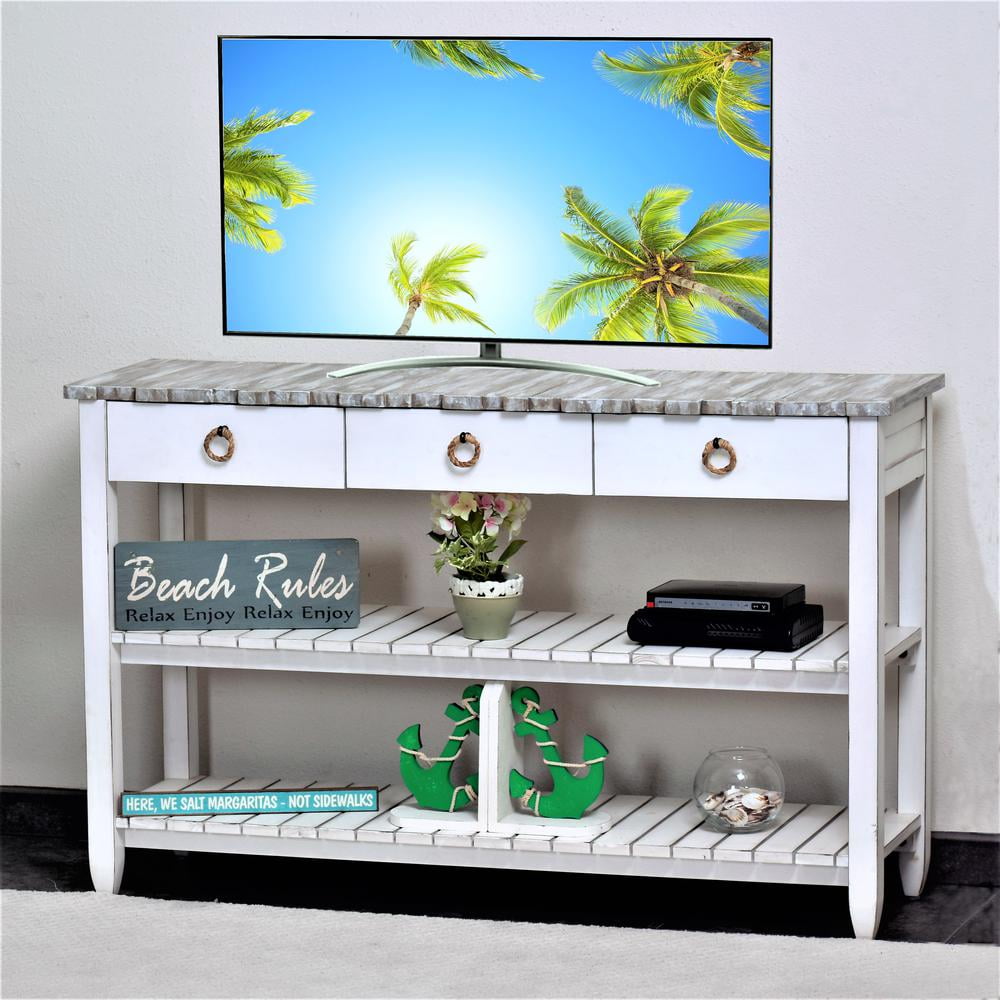 Gray and White Coastal Wood Entertainment Center with Rope Pulls
