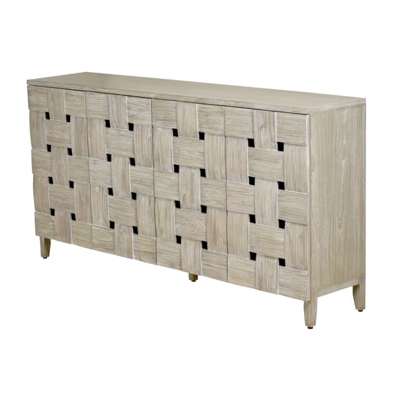 Sea Winds Trading Wooden Weave 4-Door Credenza, Soft Close Doors, Grey Wash Finish.