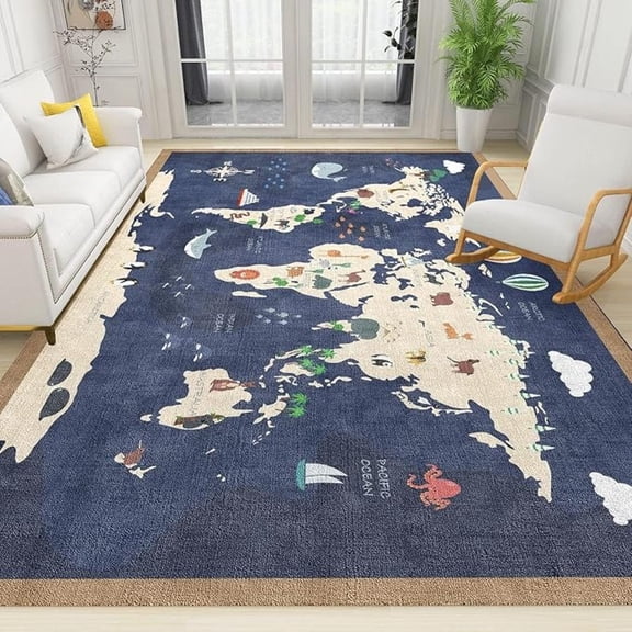 Sea World Map Area Rugs, Blue Cartoon Animal Map Easy Clean Rug, Soft Non-Skid Carpet Throw Rug For Kids Teen Girls Boys Bedroom Living Room Bathroom Classroom Office 5x7ft