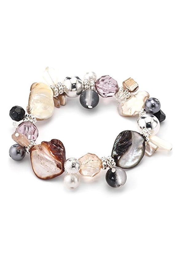 Genuine Mother of Pearl and Shell Beaded Stretch Statement Bracelet - Beach Inspired Fashion Jewelry Bracelet Silver