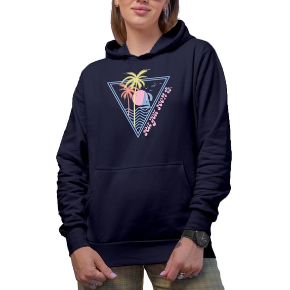 Sea You Soon, Beach Pun Quote feat. Palm Trees, Sun & Boat Art Merch Gift, Navy Blue Hooded Sweatshirt or Hoodie, 2XL