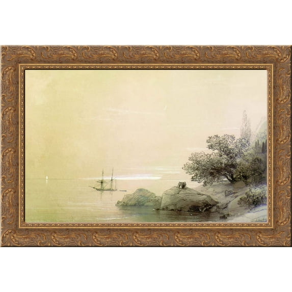 Sea against a rocky shore 24x19 Gold Ornate Wood Framed Canvas Art by Aivazovsky, Ivan