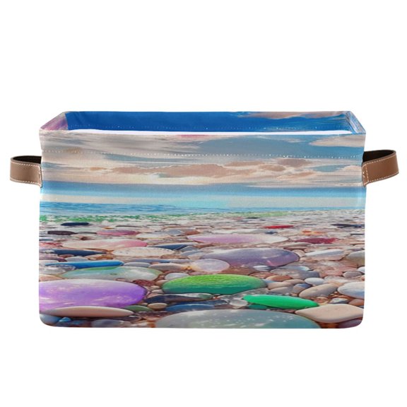 Sea and Colorful Cobblestone Storage Bins with Handle Fabric Organizer Basket Foldable Box 1 Pack 14.2x10.2x8.3