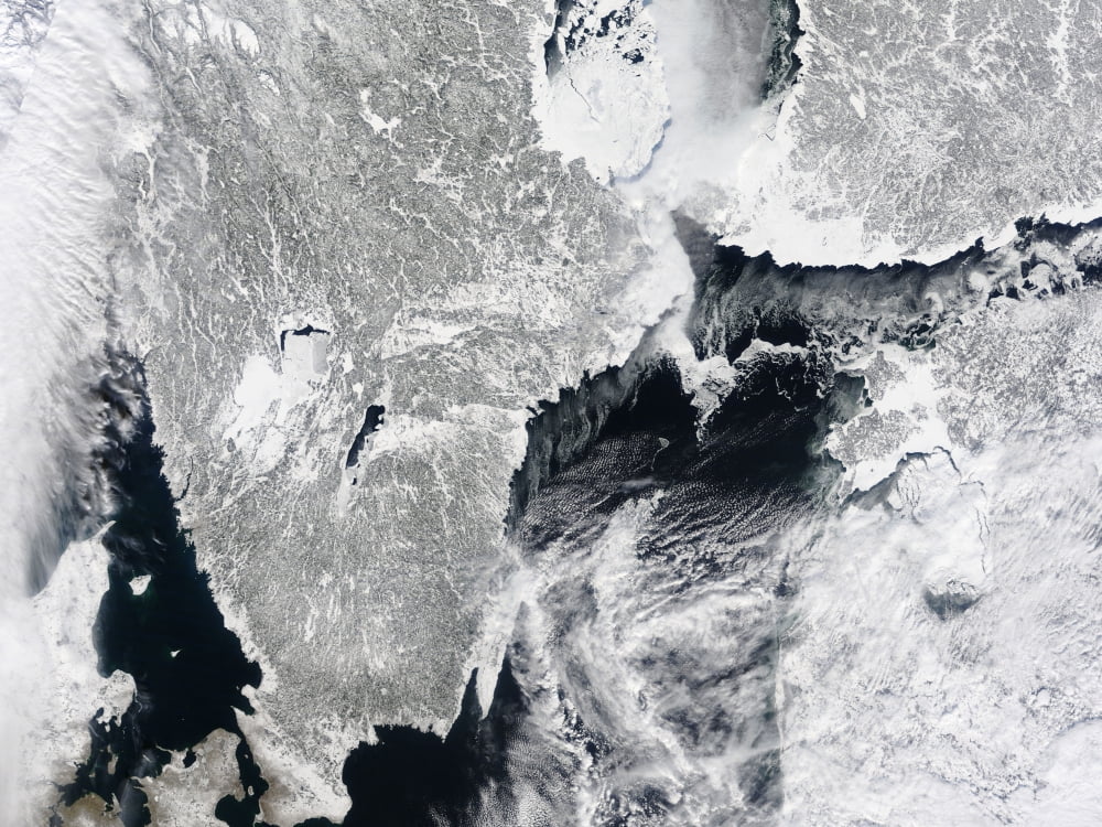 Sea ice lines the coasts of Sweden and Finland in this satellite view Canvas Art - Stocktrek Images (32 x 24)