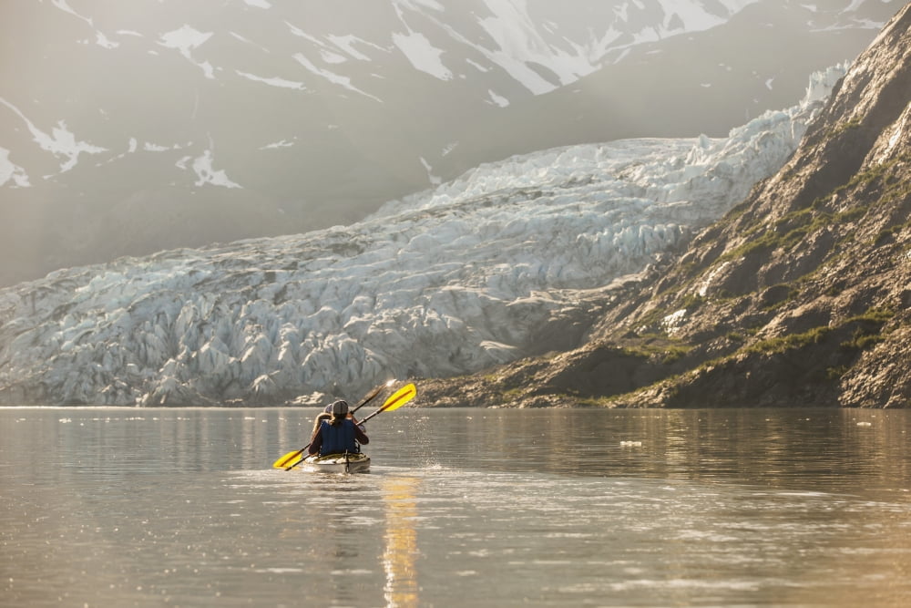 Sea kayakers paddling in evening light at Shoup Bay State Marine Park Prince William Sound Valdez Southcentral Alaska Canvas Art - Kevin Smith Design Pics (19 x 12)